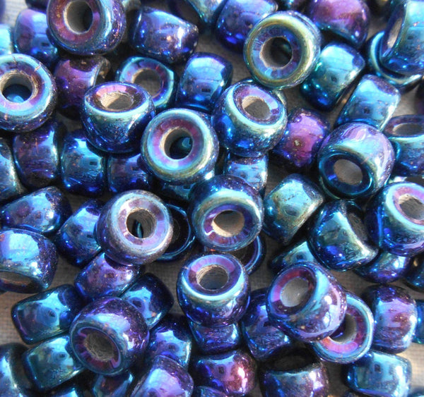 Fifty 6mm Czech Blue Iris iridescent glass pony roller beads, large hole crow beads, C7450 - Glorious Glass Beads