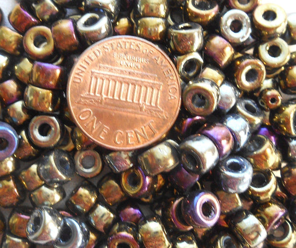 Fifty 6mm Czech Brown Iris glass pony roller beads, large hole crow beads, C7450 - Glorious Glass Beads