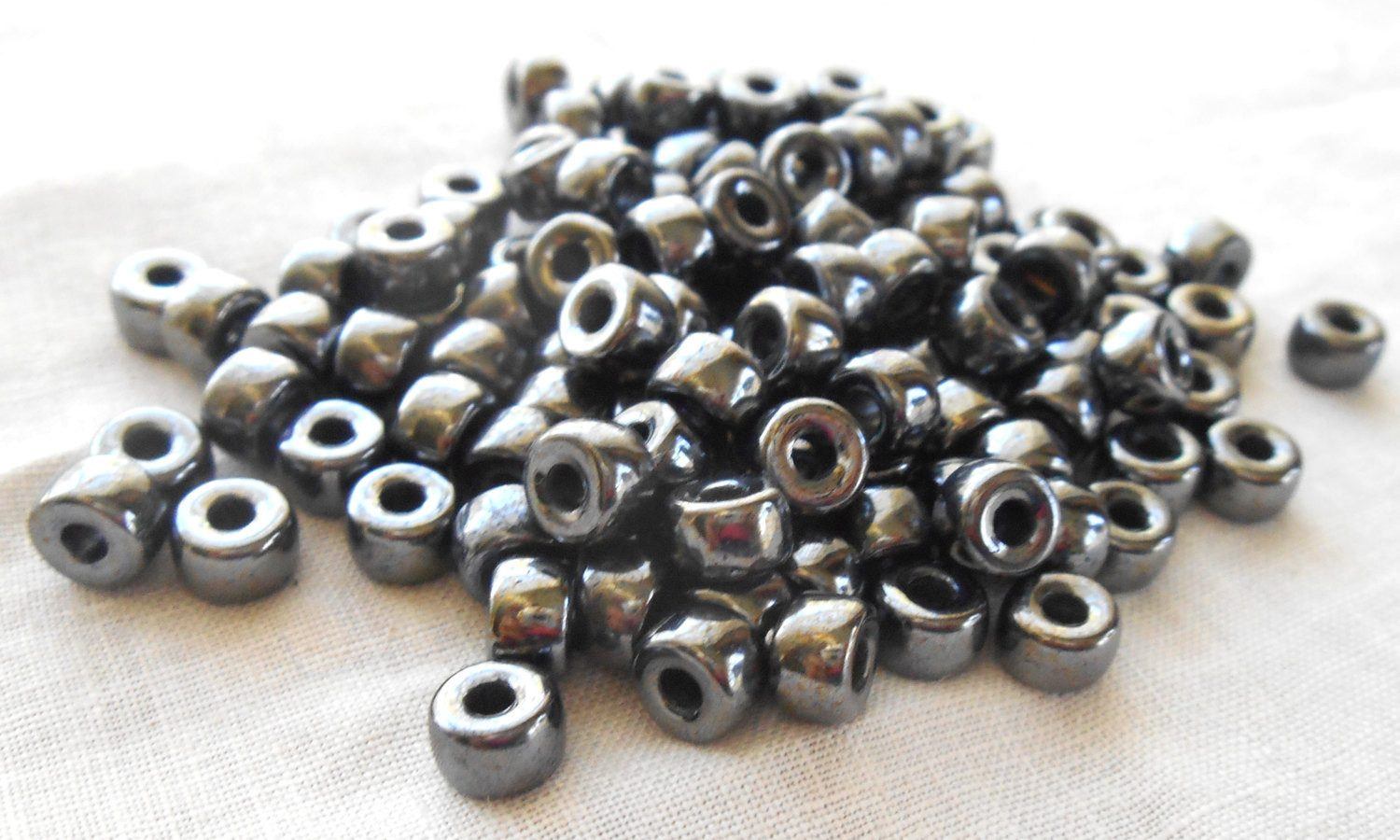 Fifty 6mm Czech Hematite Metallic Gray glass pony roller beads, large hole crow beads, C1450 - Glorious Glass Beads