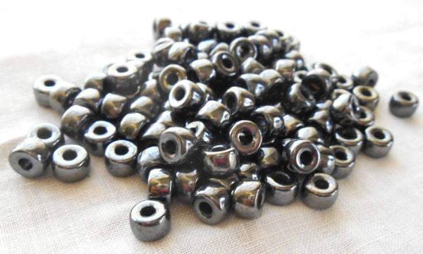 Fifty 6mm Czech Hematite Metallic Gray glass pony roller beads, large hole crow beads, C1450 - Glorious Glass Beads