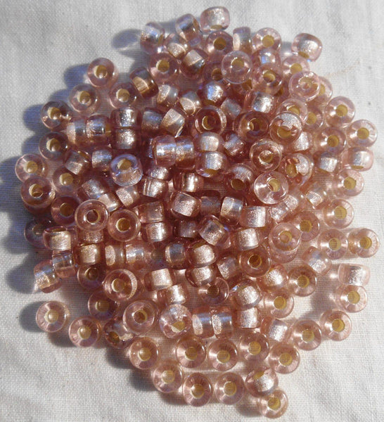 Fifty 6mm Czech Light Pink Silver Lined glass pony roller beads, large hole crow beads, C7450 - Glorious Glass Beads