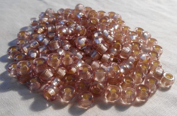Fifty 6mm Czech Light Pink Silver Lined glass pony roller beads, large hole crow beads, C7450 - Glorious Glass Beads