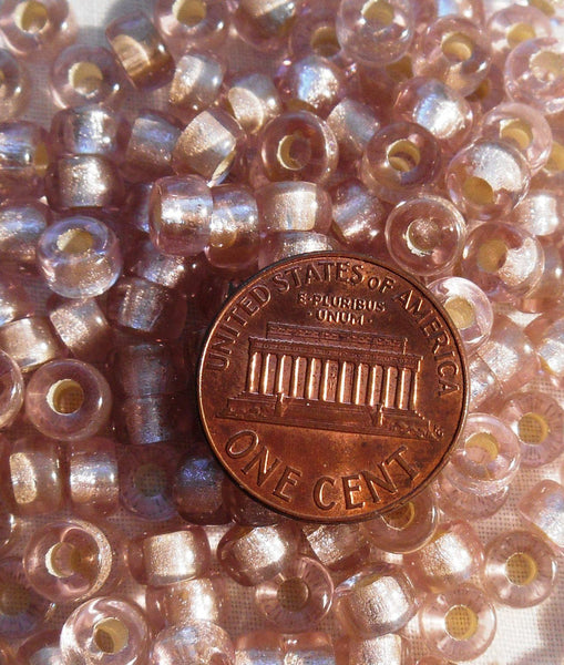 Fifty 6mm Czech Light Pink Silver Lined glass pony roller beads, large hole crow beads, C7450 - Glorious Glass Beads