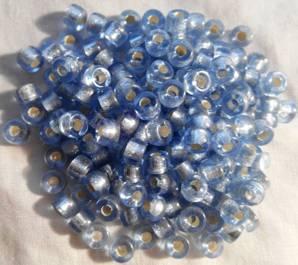 Fifty 6mm Czech Light Sapphire Blue Silver Lined glass pony roller beads, large hole crow beads, C1350