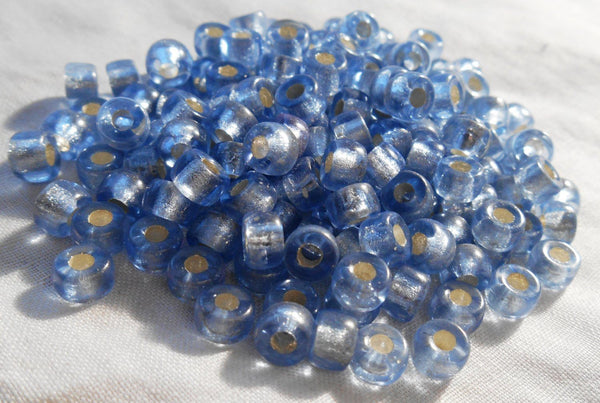 Fifty 6mm Czech Light Sapphire Blue Silver Lined glass pony roller beads, large hole crow beads, C1350 - Glorious Glass Beads