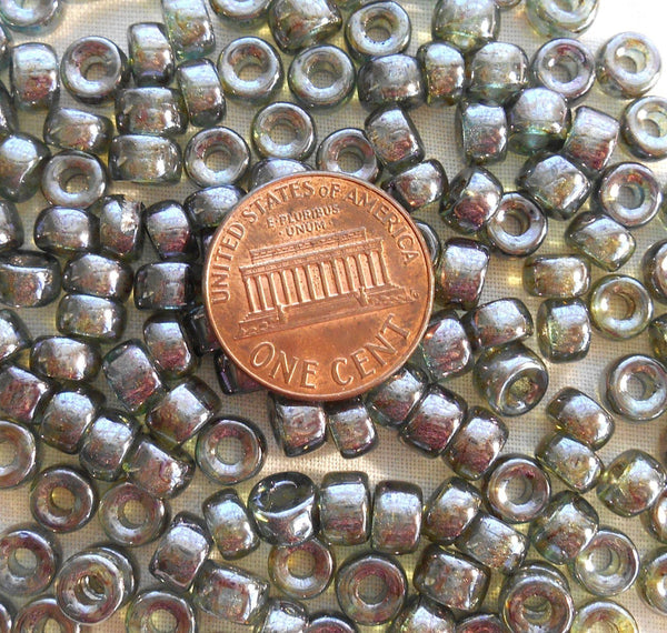 Fifty 6mm Czech Lumi Green glass pony roller beads, large hole crow beads, C7450 - Glorious Glass Beads