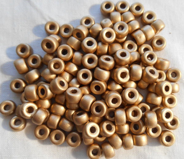 Fifty 6mm Czech Matte Metallic Gold glass pony roller beads, large hole crow beads, C6550