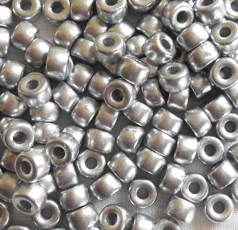 Fifty 6mm Czech Matte Metallic Silver pony roller beads, large hole glass crow beads, C6550 - Glorious Glass Beads