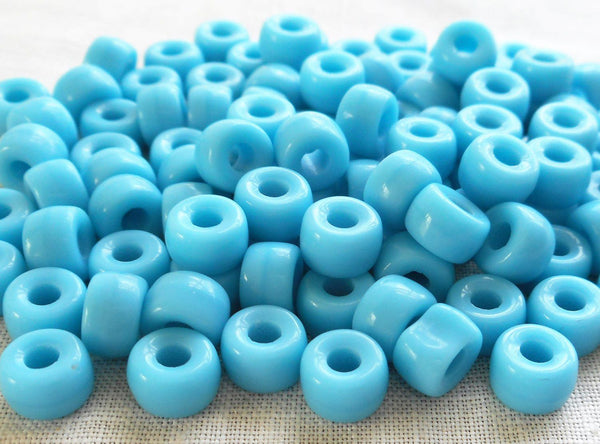 Fifty 6mm Czech Opaque Turquoise Blue pony roller beads, large hole crow beads, C1550 - Glorious Glass Beads