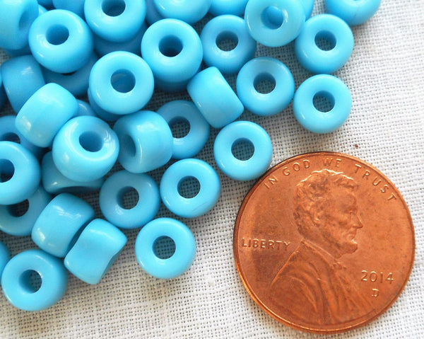 Fifty 6mm Czech Opaque Turquoise Blue pony roller beads, large hole crow beads, C1550 - Glorious Glass Beads