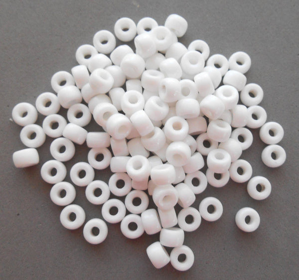 Fifty 6mm Czech Opaque White glass pony roller beads, large hole crow beads, C0069