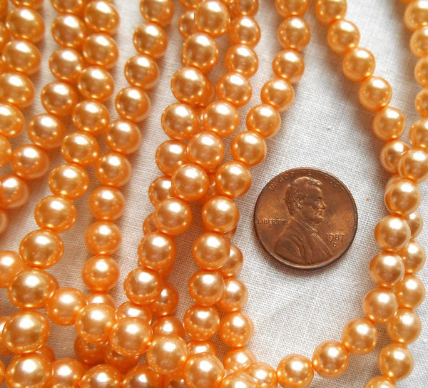 Fifty 6mm light orange glass pearl druk beads, Preciosa Czech round, smooth glass pearls, C0650 - Glorious Glass Beads