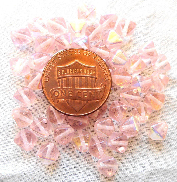 Fifty 6mm Light Pink AB bicones, pressed glass Czech bicone beads, C7850 - Glorious Glass Beads