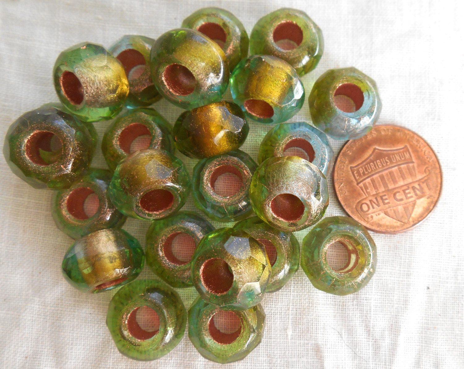 Big Hole Roller Czech Glass Rondelle Forest Copper Lined 8x5mm 25 Glass  Beads Per Strand
