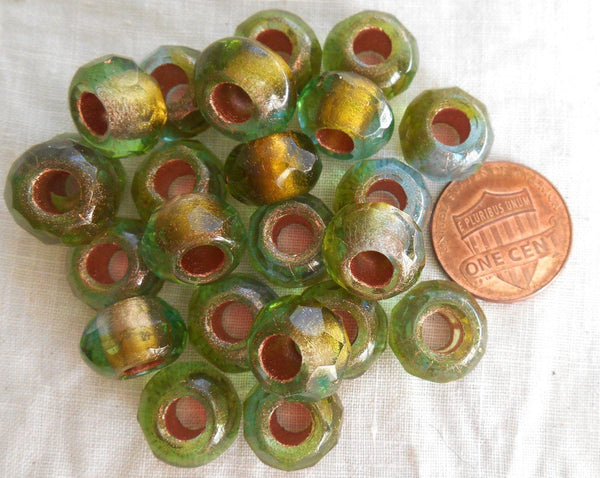 Five 12mm x 8mm Green gold foil Czech glass large faceted roller beads, big 5mm holes, 51101 - Glorious Glass Beads