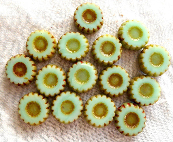 Four Czech table cut, carved, opaque mint green picasso daisy flower bead, 12mm x 4mm, C0801 - Glorious Glass Beads