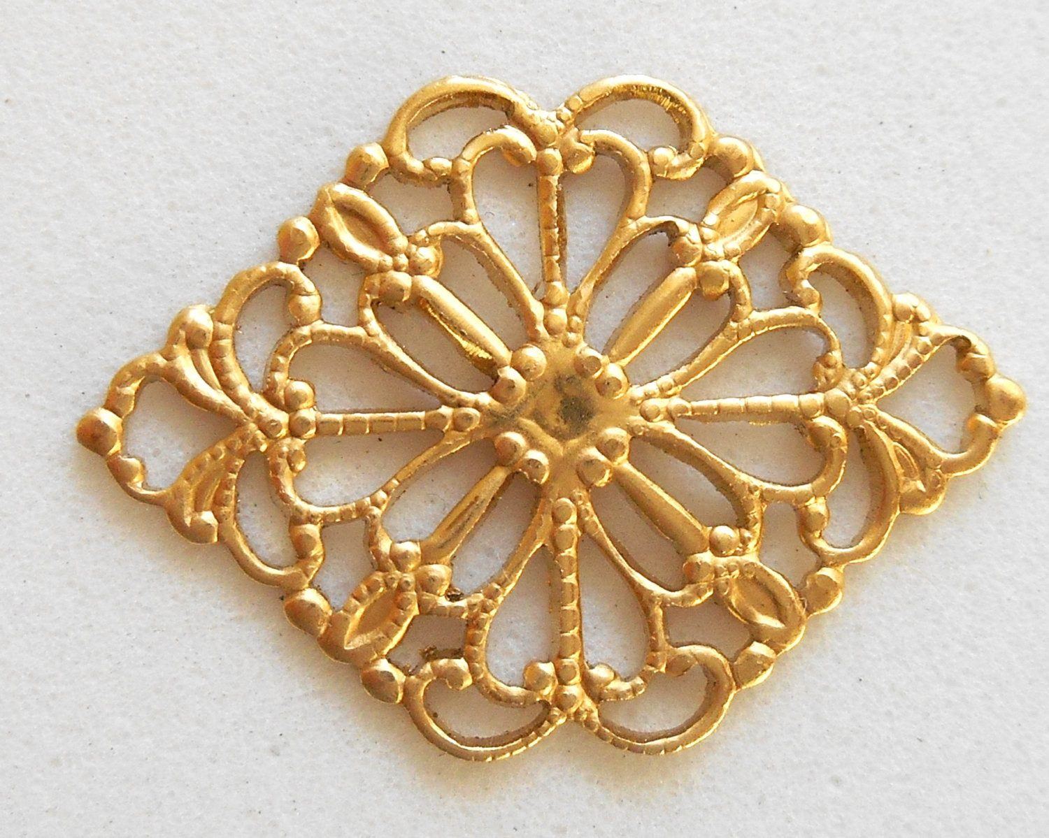 Lot of 12 Raw Brass Stamping Diamond, Oval Filigree Connectors, 21 x 15mm, made in the USA, C6101 - Glorious Glass Beads