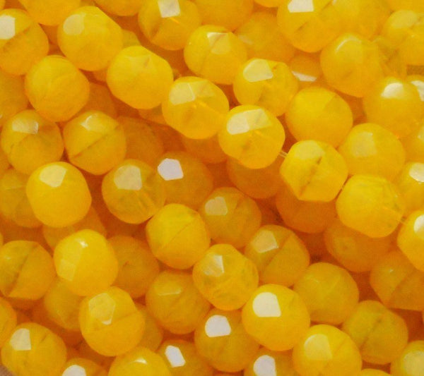Lot of 24 6mm Milky Yellow Czech glass beads, bright yellow firepolished, faceted round beads, C7401