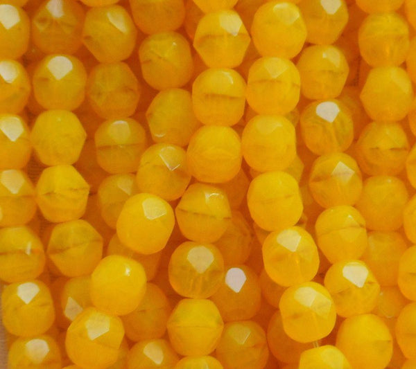 Lot of 24 6mm Milky Yellow Czech glass beads, bright yellow firepolished, faceted round beads, C7401 - Glorious Glass Beads