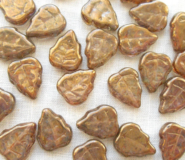 Lot of 25 12 x 10mm Czech glass Iridescent Lumi Brown center drilled, rustic leaf beads,C63125