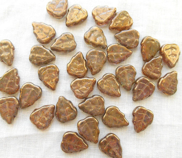 Lot of 25 12 x 10mm Czech glass Iridescent Lumi Brown center drilled, rustic leaf beads,C63125 - Glorious Glass Beads