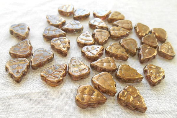 Lot of 25 12 x 10mm Czech glass Iridescent Lumi Brown center drilled, rustic leaf beads,C63125 - Glorious Glass Beads