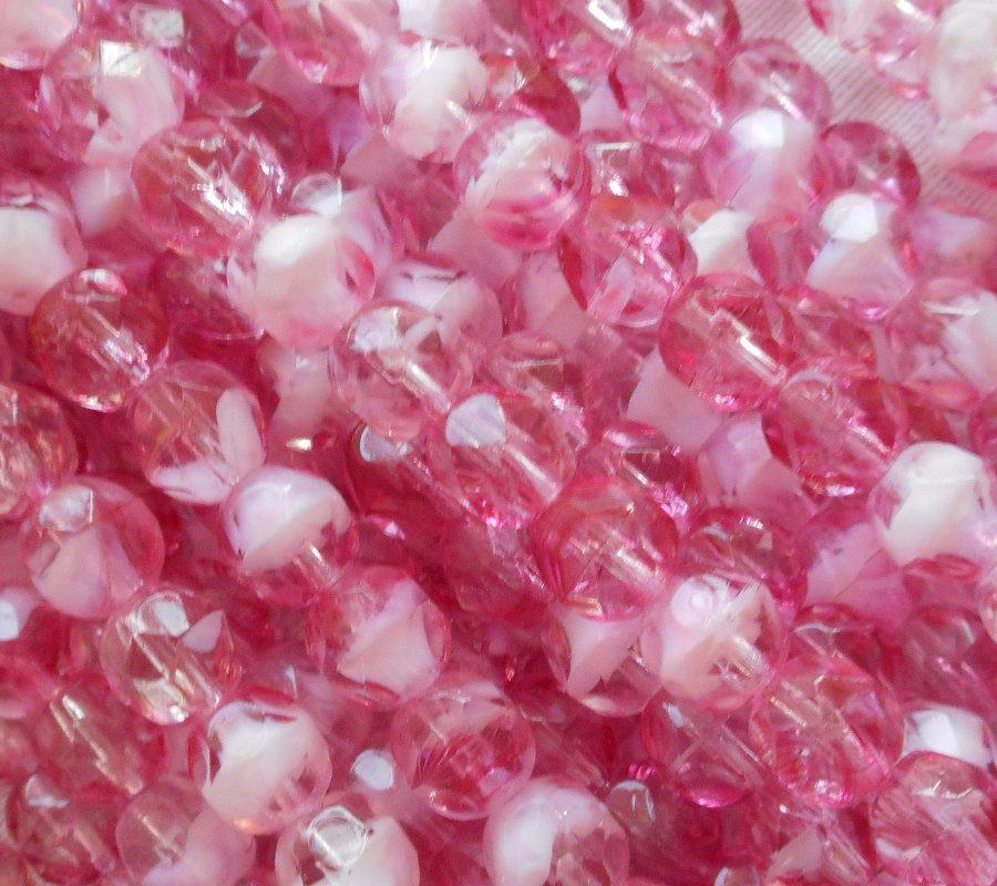 Lot of 25 6mm, Light Crystal PInk beads with white hearts, Czech glass  firepolished faceted round beads C1501