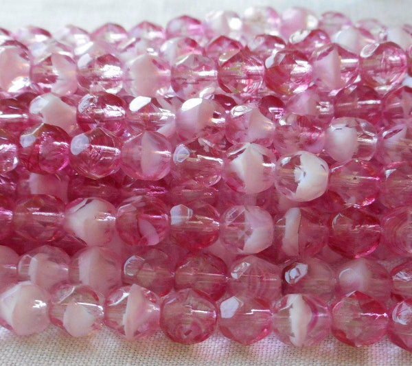 Lot of 25 6mm, Light Crystal PInk beads with white hearts, Czech glass firepolished faceted round beads C1501 - Glorious Glass Beads