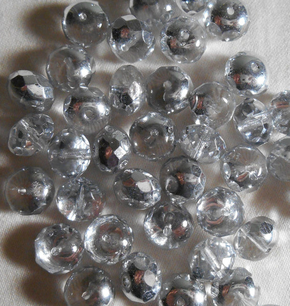 Lot of 25 6 x 9mm Czech glass Silver Crystal faceted puffy rondelle beads, C5925