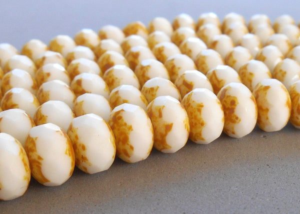 Lot of 25 6 x 9mm Czech glass White Picasso Faceted Puffy Rondelle Beads, C8001 - Glorious Glass Beads