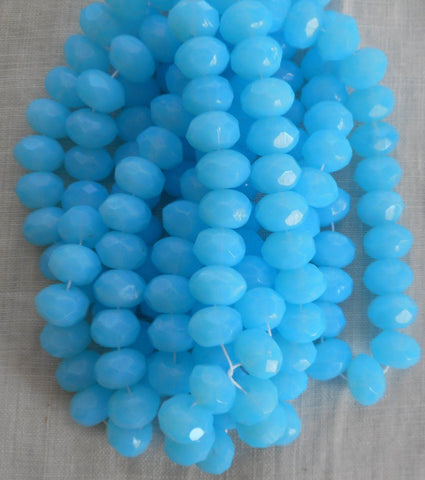 Lot of 25 6 x 9mm Opaque Milky Powder Blue faceted Czech glass puffy rondelle beads, C11125 - Glorious Glass Beads