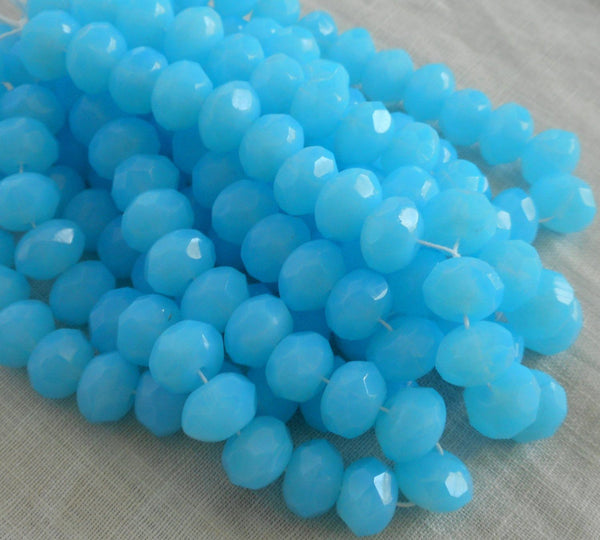 Lot of 25 6 x 9mm Opaque Milky Powder Blue faceted Czech glass puffy rondelle beads, C11125 - Glorious Glass Beads