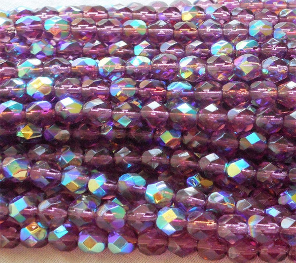 Lot of 25 6mm Amethyst AB, purple, Czech glass firepolished faceted round beads C8401 - Glorious Glass Beads