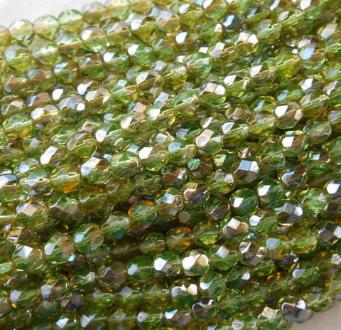 Lot of 25 6mm Czech Chrysolite Celsian Green glass, round faceted firepolished beads, C7425 - Glorious Glass Beads
