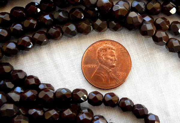 Lot of 25 6mm Czech glass, dark brown firepolished faceted round beads, C5525 - Glorious Glass Beads