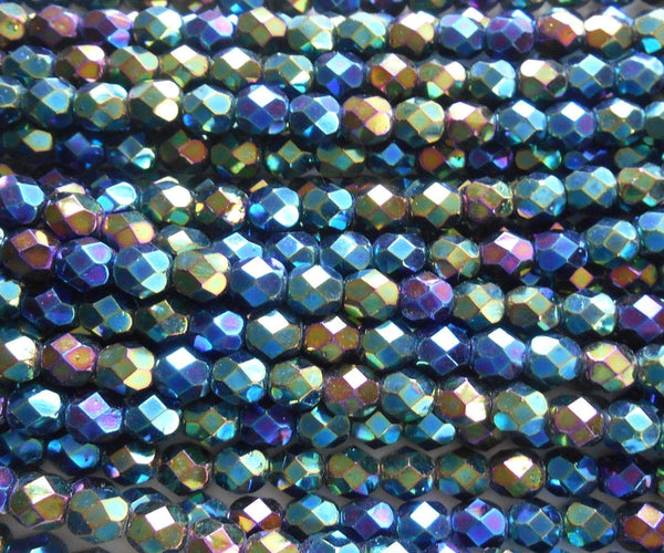 Lot of 25 6mm Iris Green Czech glass, firepolished, faceted round beads, C6425