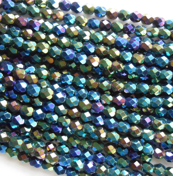 Lot of 25 6mm Iris Green Czech glass, firepolished, faceted round beads, C6425 - Glorious Glass Beads