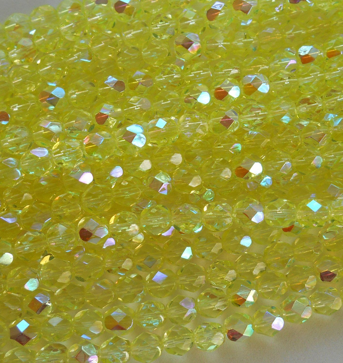 Lot of 25 6mm Jonquil AB Czech glass, yellow firepolished, faceted round beads, C3525 - Glorious Glass Beads