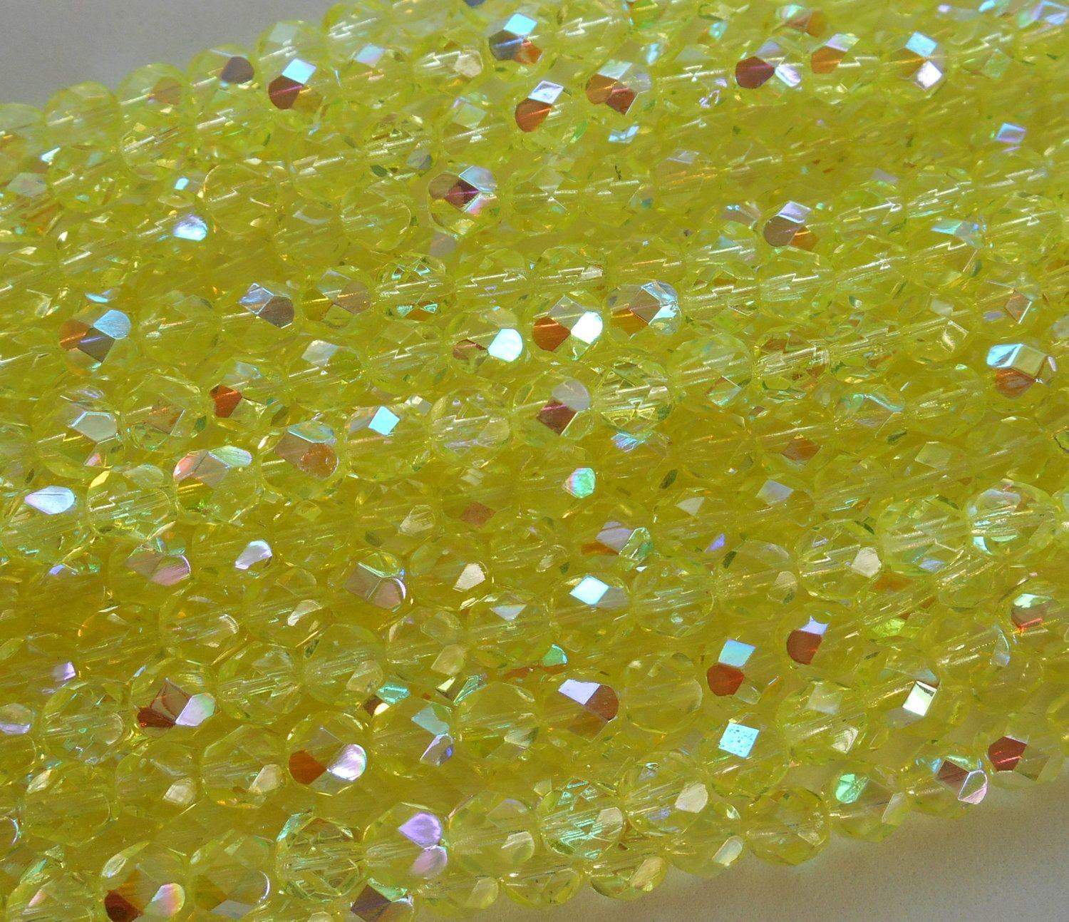 Lot of 25 6mm Jonquil AB Czech glass, yellow firepolished, faceted round beads, C3525 - Glorious Glass Beads
