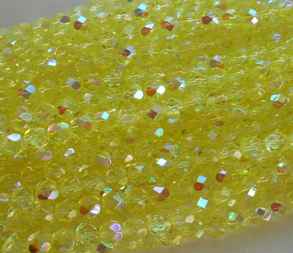 Lot of 25 6mm Jonquil AB Czech glass, yellow firepolished, faceted round beads, C3525 - Glorious Glass Beads