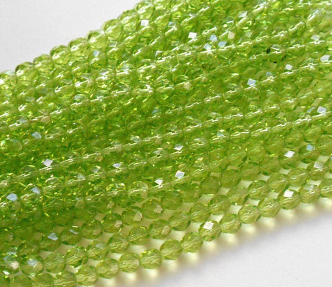 Lot of 25 6mm Lime Green Czech glass, firepolished, faceted round beads, C0425 - Glorious Glass Beads