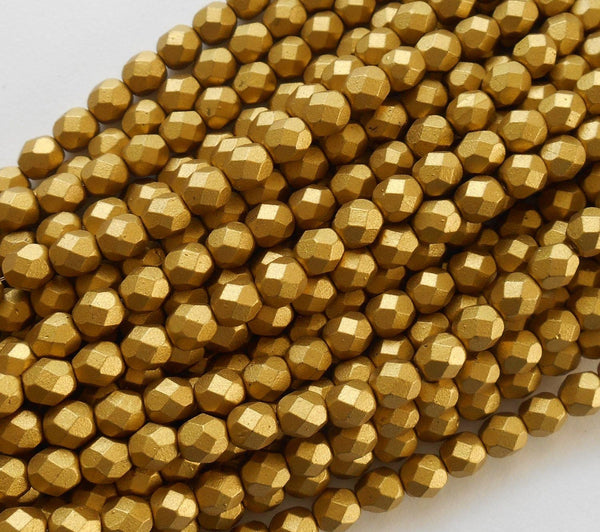 Lot of 25 6mm Matte Aztec Gold Czech glass metallic firepolished, faceted round beads, C7425