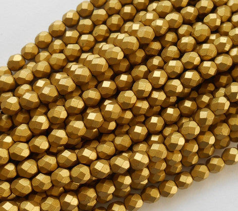 Lot of 25 6mm Matte Aztec Gold Czech glass metallic firepolished, faceted round beads, C7425 - Glorious Glass Beads