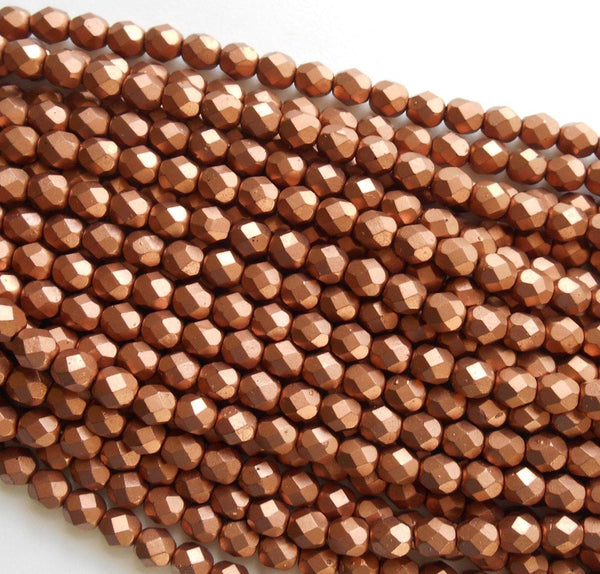 Lot of 25 6mm Matte Metallic Copper Czech glass firepolished, faceted round beads, C7425