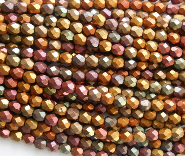 Lot of 25 6mm Matte Metallic Bronze Iris Czech glass firepolished, faceted round beads, C7425 - Glorious Glass Beads