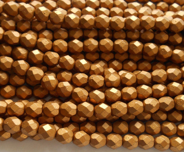 Lot of 25 6mm Matte Metallic, Gold Czech glass firepolished, faceted round beads, C7425 - Glorious Glass Beads