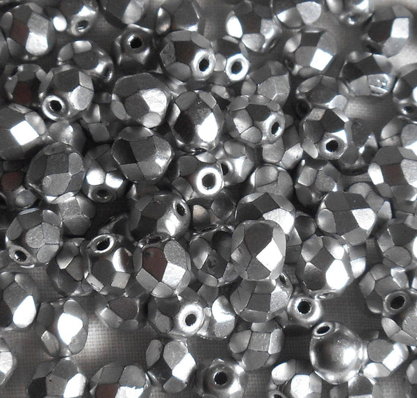 Lot of 25 6mm Matte Silver Czech glass, firepolished, faceted round beads, C0525