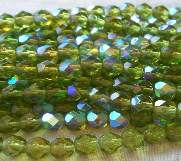 Lot of 25 6mm Olive, Olivine AB firepolished, faceted round beads Czech glass beads, C7425 - Glorious Glass Beads