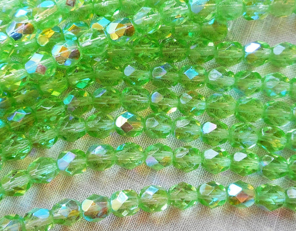 Lot of 25 6mm Peridot Green AB Czech Glass beads, firepolished faceted round glass beads C8401 - Glorious Glass Beads