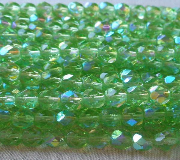 Lot of 25 6mm Peridot Green AB Czech Glass beads, firepolished faceted round glass beads C8401 - Glorious Glass Beads